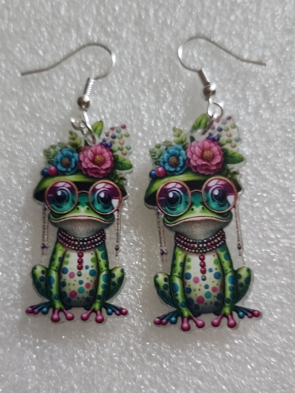 Hand Crafted Green Frog Earrings with Pink and Blue Flower Crowns